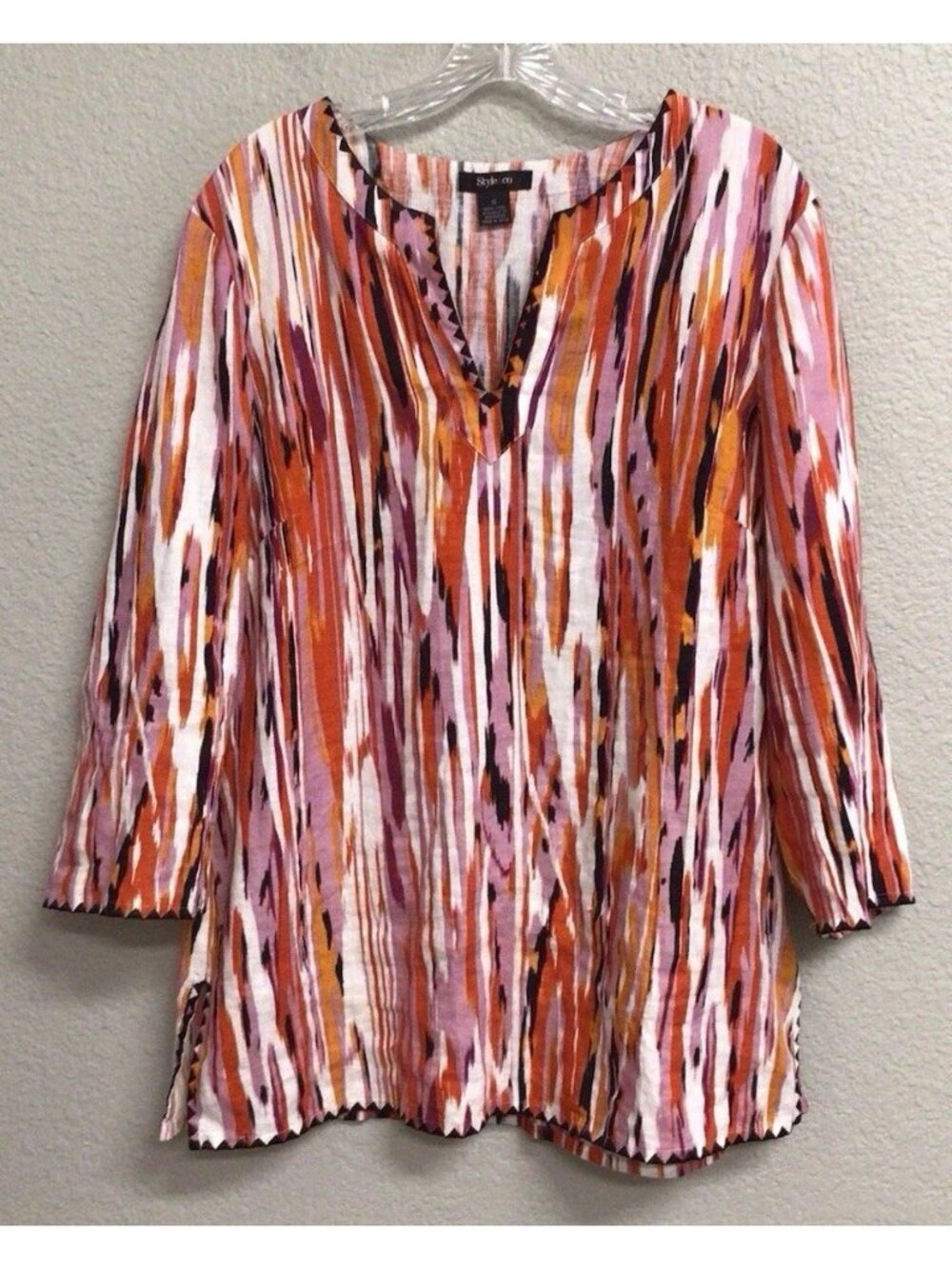 Style & Co Womens Linen Tunic Blouse Size Large Boho Colorful Abstract Print